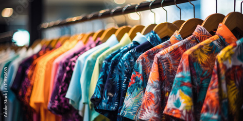 Colorful shirts in shop at shopping mall. Commerce, clothing sale