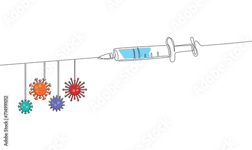 Continuous line drawing of syringe and virus. world healt day concept