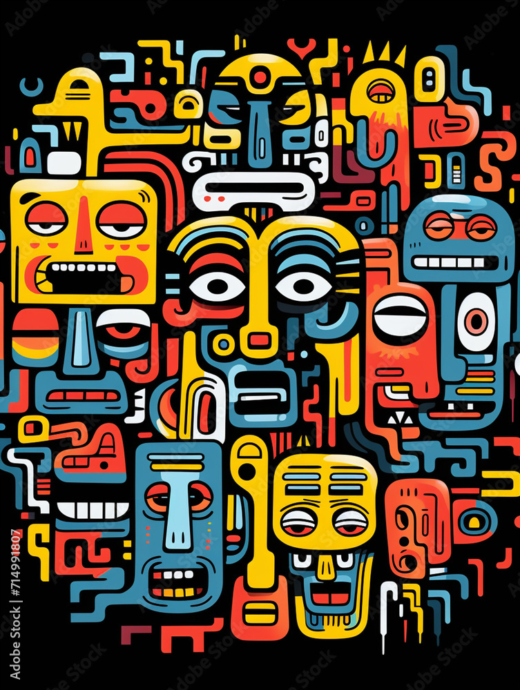 T-shirt design, art brut face crowd, art print created with Generative Ai