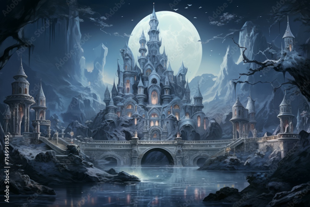 Fototapeta premium Bewitching moonstone fountains in Fantasy - Generative AI