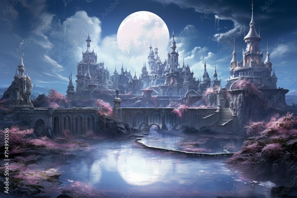Fototapeta premium Bewitching moonstone fountains in Fantasy - Generative AI
