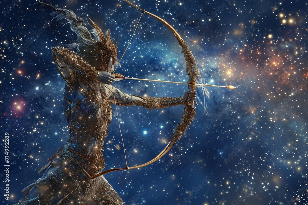 A celestial archer with a golden bow and arrow Generative AI - obrazy, fototapety, plakaty 