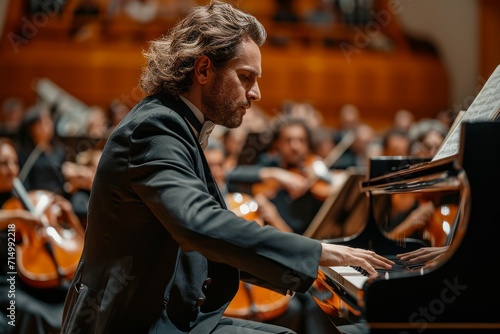 Close-up of pianist playing piano with orchestra