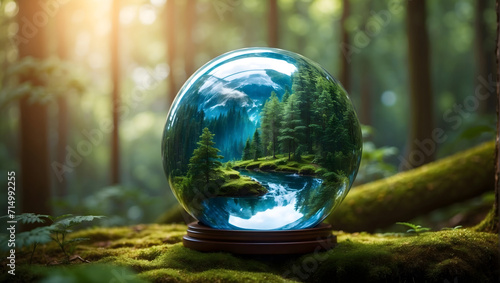 Globetrotter's Oasis: A Glass Globe Amidst a Vibrant Forest, a Symbol of Nature and Sustainability. Infused with Magic and Majesty, Promoting Climate Change Awareness and Environmental Preservation.
