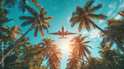 Summer and palm trees with a plane flying in the background  in the style of immersive