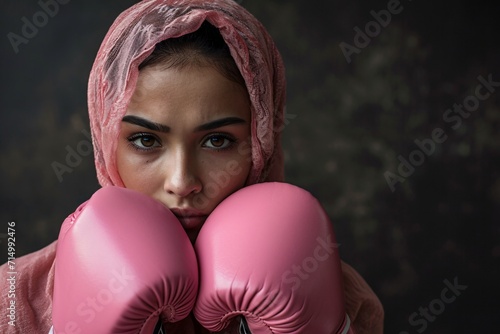 A woman wearing a pink headscarf and holding pink boxing gloves Generative AI
