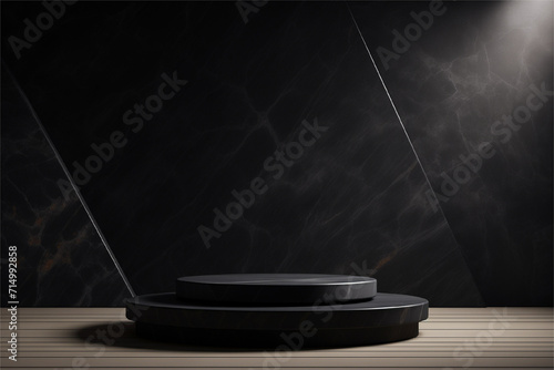 Luxury black product podium made of stone, against the background of a stone wall, copy space.