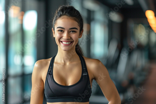 Uśmiechnięta młoda personalna trenerka w fitness studio - portret- zachęcająca do ćwiczeń - Smiling young personal trainer in fitness studio-portrait-encouraging to exercise - AI Generated © Tomasz