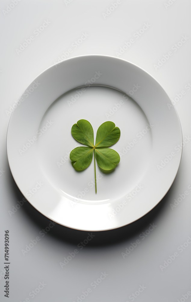 Four leaf clover on a white plate, green shamrock on white background. Four leaf clover on a white plate, green shamrock on white background.