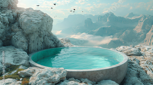 A surreal scene of a pool on a high mountain peak, with eagles soaring overhead, photo