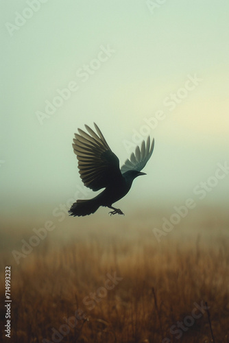 A depiction of a tiny, black bird flying across a large, empty sky, evoking freedom,