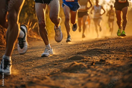 A group of runners racing on a dirt road. Generative AI photo