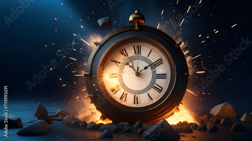 Time Unleashed: 3D Render of a Clock in Elemental Chaos with Fiery Explosion and Rock, Vibrant Blue Lights, Kinetic Artistic Portrayal on Black Background.