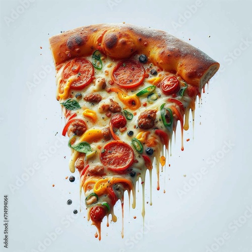 capturing the textures and colors of a pizza slice with various toppings, accentuating the melting cheese, set against a clean background photo