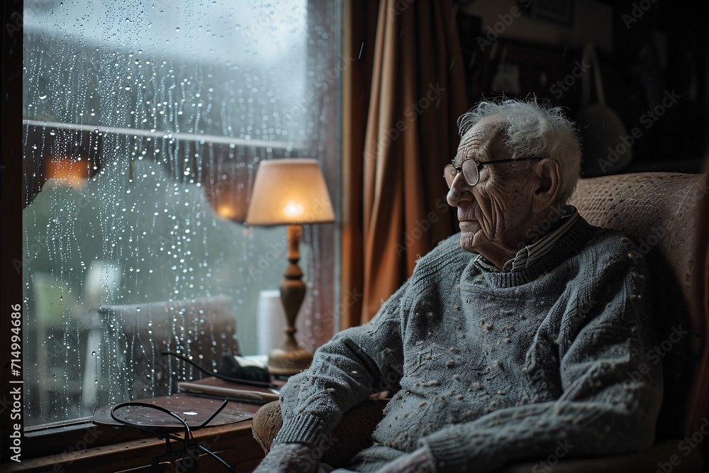 An elderly man sitting in a chair, looking out the window on a rainy day Generative AI