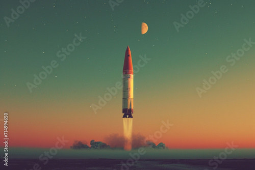 A minimalist scene of a rocket juxtaposed with a small, colorful celestial body, creating contrast and depth, © Natalia