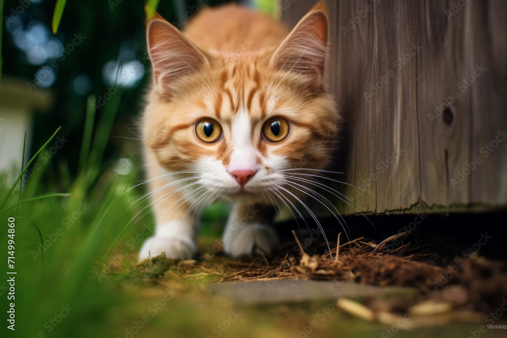 Curious cat sneaks and looks into the camera