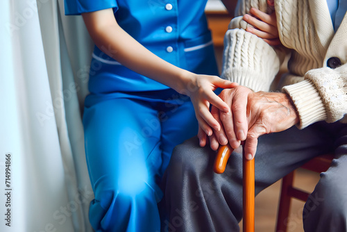 Caregiver dressed in a light blue uniform, places his hand on the hand of the elderly person in casual clothing, holds a wooden cane with a curved handle