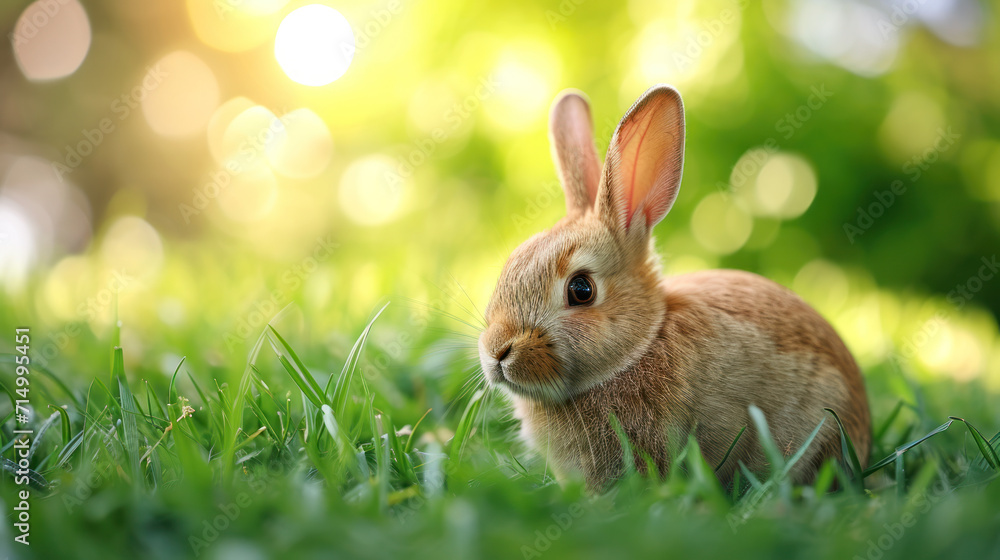 Fototapeta premium Cute bunny on spring grass, sunny bokeh on background.