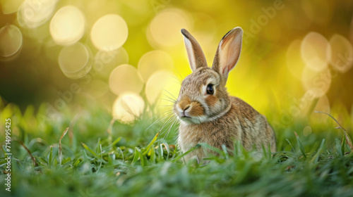 Greeting card background template for Eastern: bunny on a grass, copy space. 