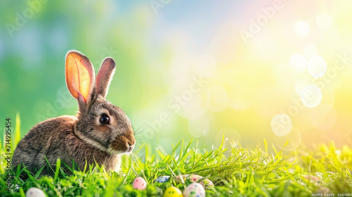Eastern spring bunny sitting on a grass, festive eastern background. Banner design for Eastern greetings, greeting card, event invitations, sale coupons, etc. © notannft
