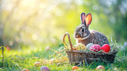Easter bunny with Easter eggs in a basket, green spring background, copy space. 