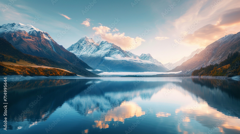 A panoramic view of a serene lake at sunrise, surrounded by snow-capped mountains. The tranquil scene emphasizes the significance of preserving freshwater resources in pristine nat