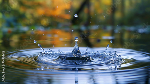 A close-up shot of a water droplet splashing into a calm pond, creating ripples that distort the reflection of surrounding trees. The image captures the delicate balance and interc