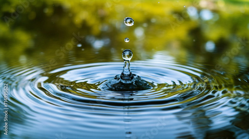 A close-up shot of a water droplet splashing into a calm pond  creating ripples that distort the reflection of surrounding trees. The image captures the delicate balance and interc