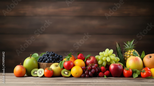 Fresh organic market fruits   apples  pineapple  kiwi  oranges  grapes  on wooden background  banner  copy space.