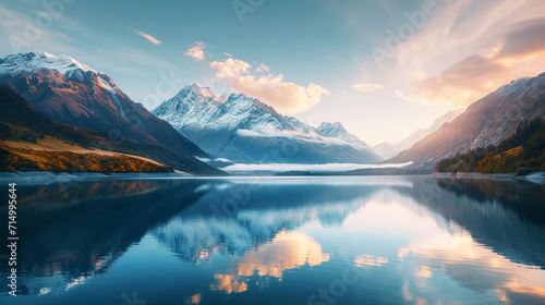 A panoramic view of a serene lake at sunrise  surrounded by snow-capped mountains. The tranquil scene emphasizes the significance of preserving freshwater resources in pristine nat