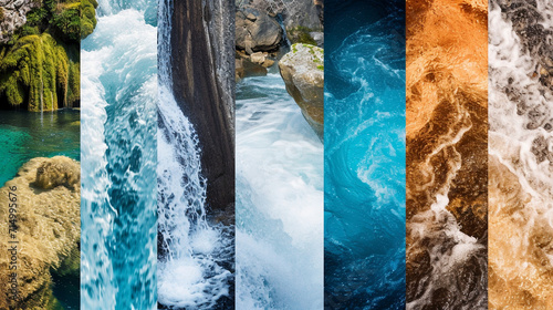 A collage of diverse water sources, from babbling brooks to powerful waterfalls, showcasing the various forms and environments in which water exists. The image serves as a visual r photo