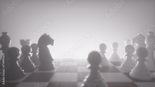 Chess pieces placed on the chessboard, fog is covering chess pieces in the middle of a chess match.  photo