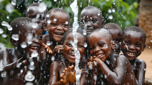 A group of children joyfully playing with water from a community well in a developing region. The image emphasizes the human connection to water and the importance of ensuring acce #714995699