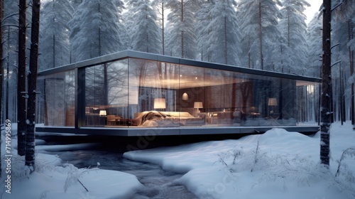 A glass room in a snowy forest, with a modern and minimalist aesthetic, harmoniously blends with the dark and moody landscape, creating a warm and welcoming ambiance thanks to natural light