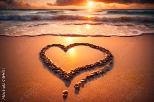 Love heart romantic beach at sunset 