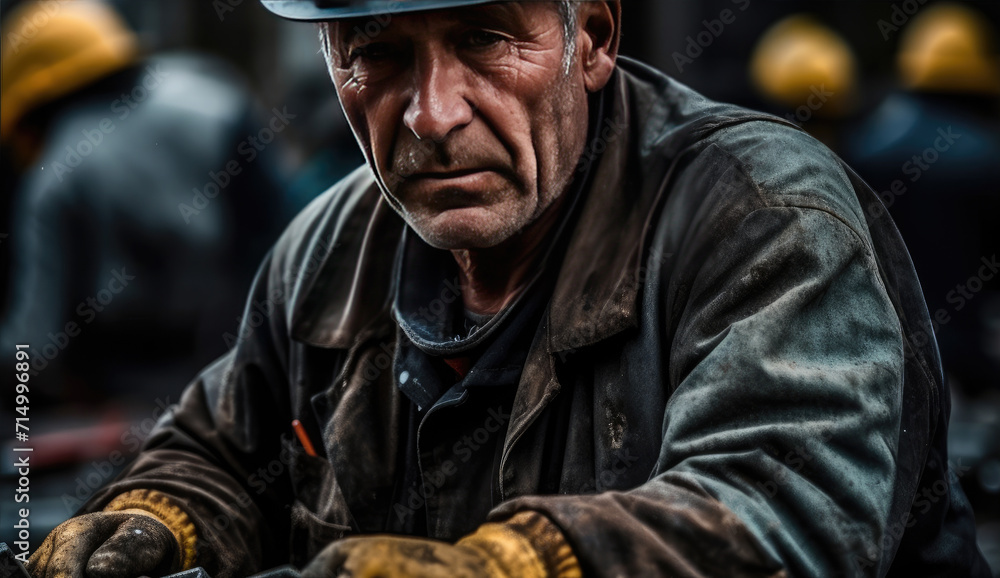 Portrait of old dirty construction worker at construction site