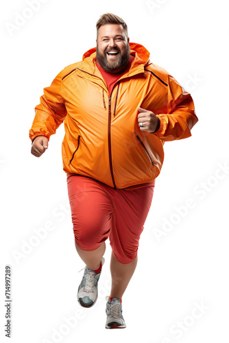 Fat plus-size man, wear colorful sportswear on white or transparent background.