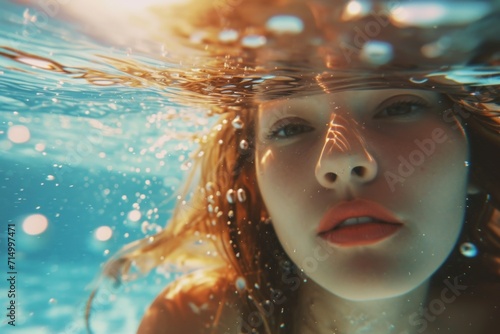 Young cute woman swimming underwater in a pool