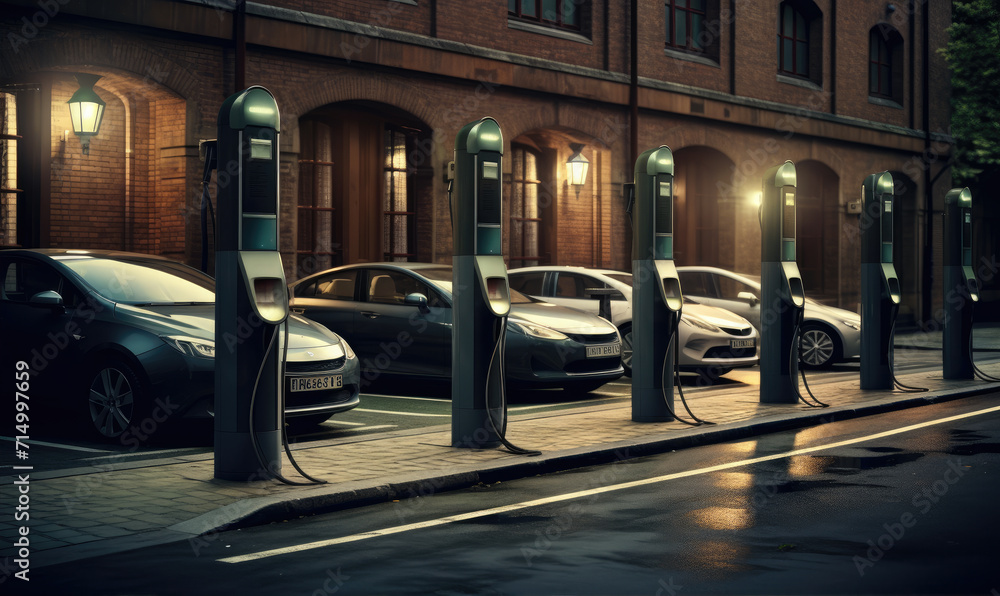 Parking places along the street with chargers for electric car - obrazy, fototapety, plakaty 