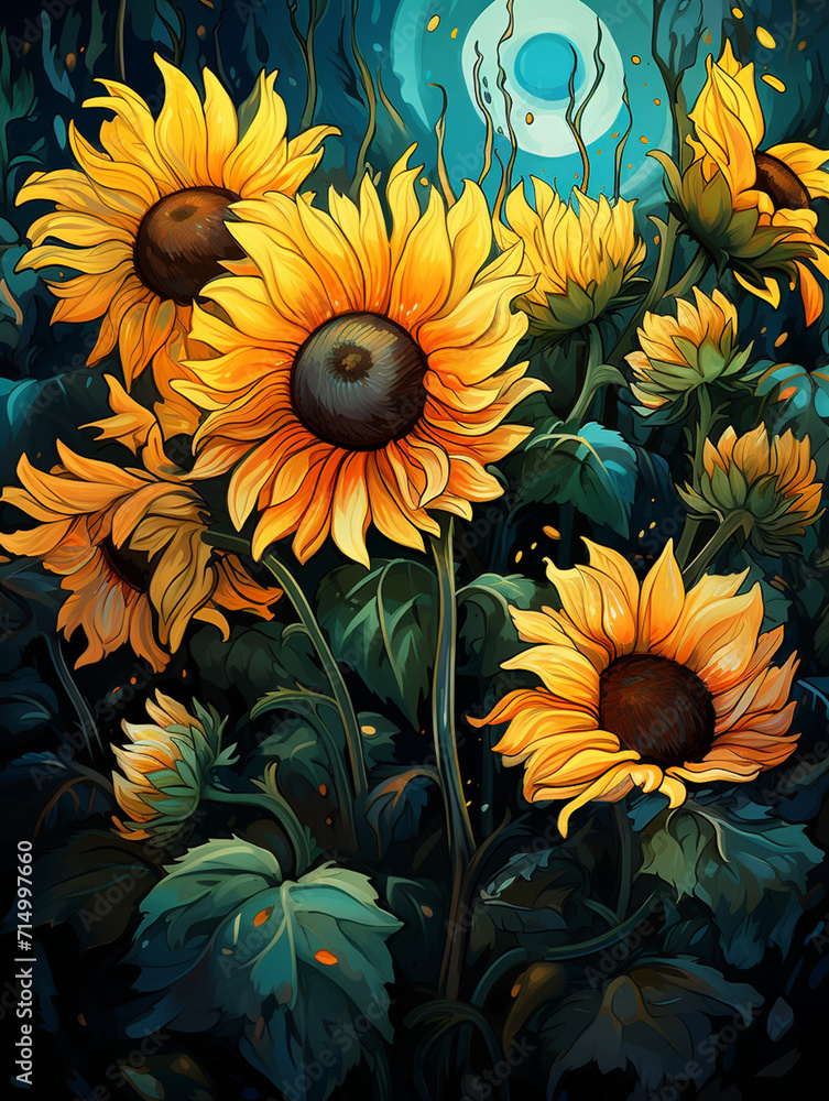 stylized sunflower field, painterly and vibrant, golden yellows and deep greens, summer warmth created with Generative Ai stylized sunflower field, painterly and vibrant, golden yellows and deep greens, summer warmth created with Generative Ai