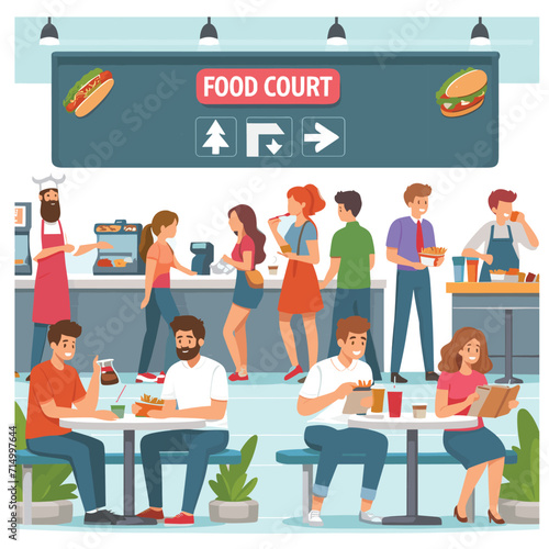 cafeteria food court for buy and eat food together flat vector