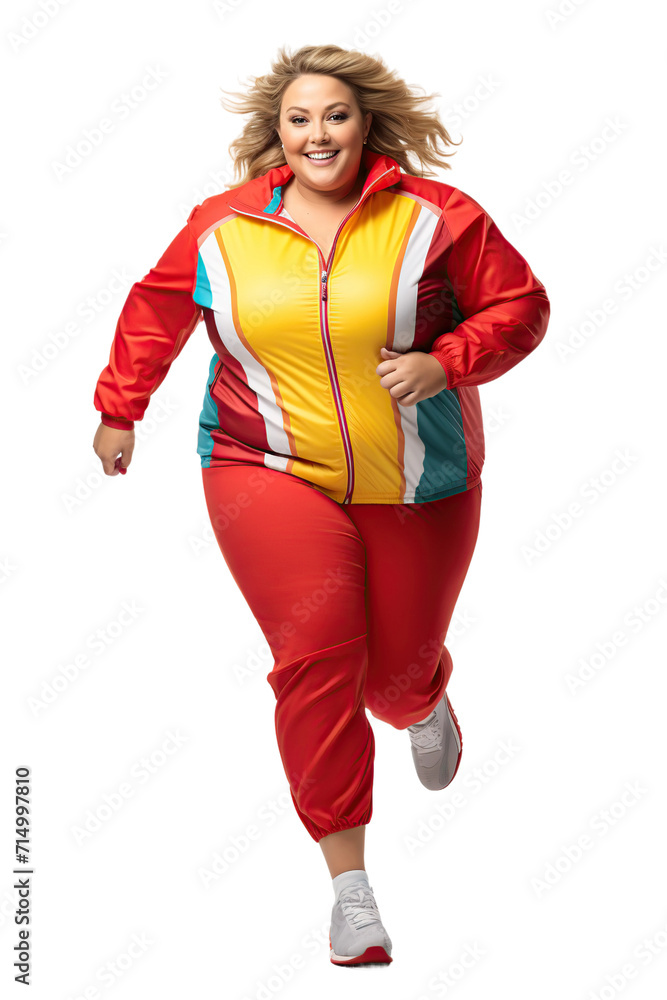 Fat plus-size blonde woman, wear colorful sportswear on white or transparent background.