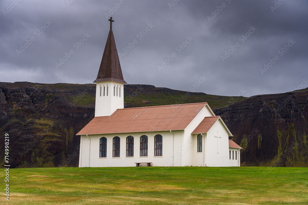 View of Reykhólar church in Westfjords, Iceland