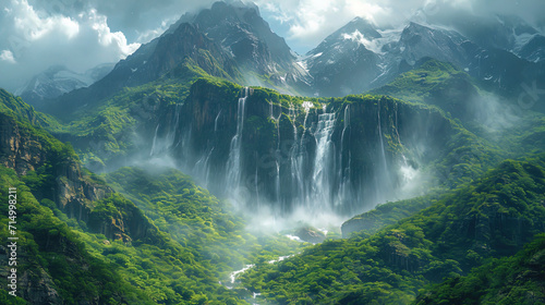 Flowing waterfalls, descending from the tops of the etheric mountains, create the impression of in photo