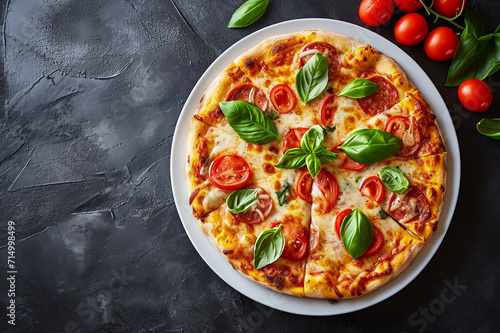 Delicious Italian pizza with melted mozzarella, juicy cherry tomatoes, and pepperoni slices, garnished with fresh basil leaves, served on white plate against a contrasting dark textured stone surface