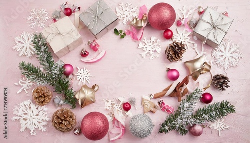 christmas frame made of christmas items pink aesthetic background