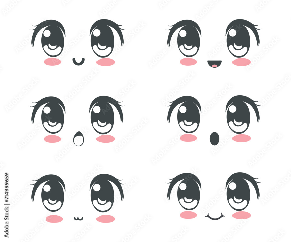 set of 6 Kawaii Eyes Expressions, Kawaii faces, Cute faces, eyes and