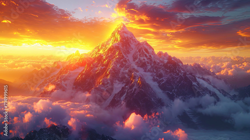 The etheric mountains, immersed in the golden light of sunrise, recall a magnificent stage from a