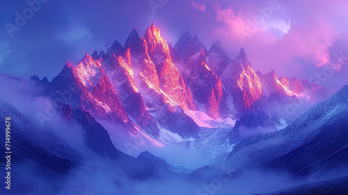 The etheric mountains in the purple light create the impression of a magical evening and mysteriou